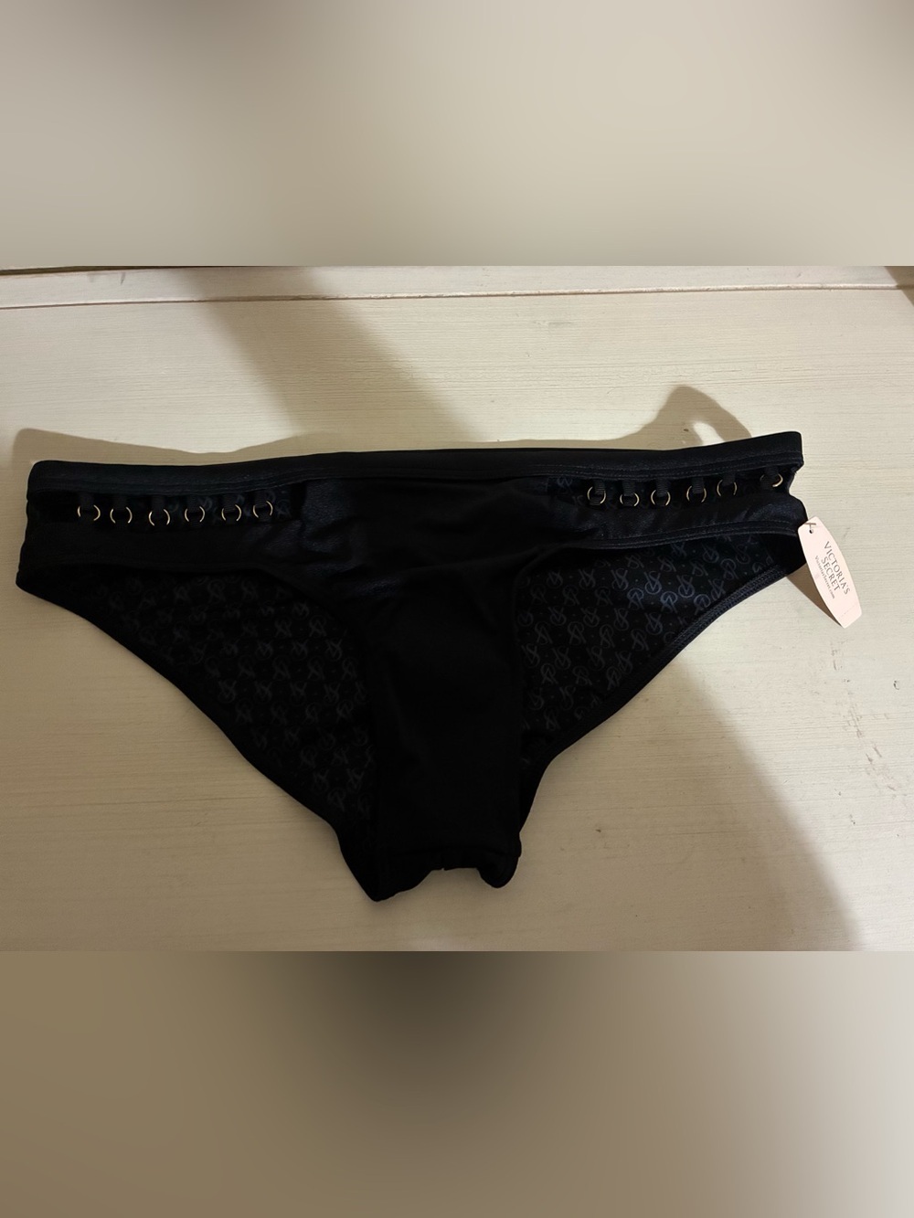 Victoria's Secret Black Logo-Print Swim Bottom with Gold Rings NEW